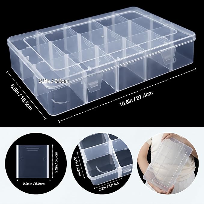 Benbilry 2 Pack 15 Grids Clear Storage Containers Plastic Organizer Box Craft Storage Boxes with Adjustable Dividers for Beads Organizer Art DIY Fishing Tackles Jewelry Crafts