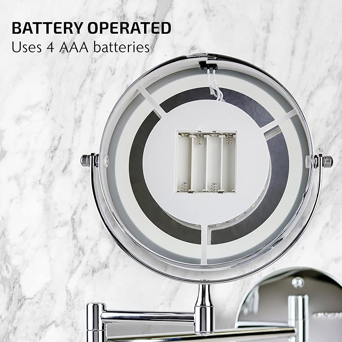 OVENTE Wall Mounted Lighted Makeup Mirror, 7" Double Sided 1X/7X Magnifying Vanity Mirror for Bathroom with LED Lights, Cordless, 360° Rotation and 13" Extendable Arm, Polished Chrome MFW70CH1X7X