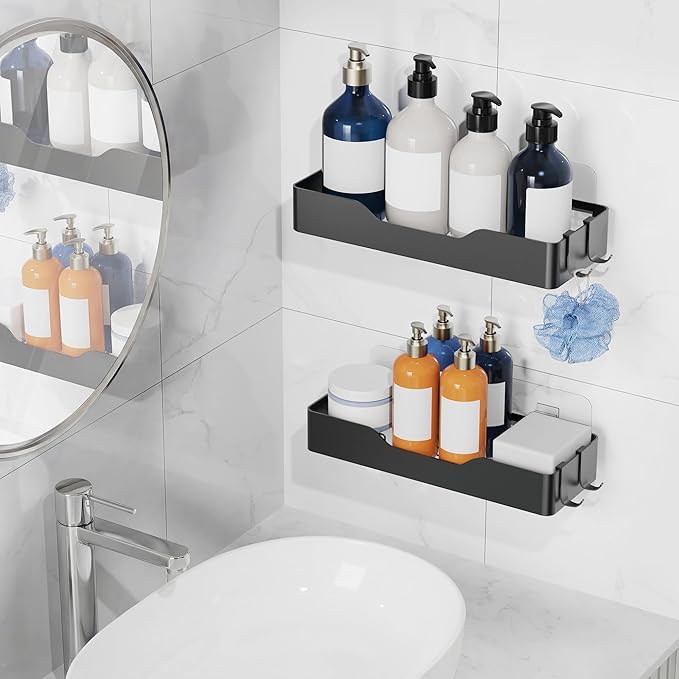 Adhesive Shower Caddy, 2 Pack Bathroom Shelves for Inside Shower, Rustproof No Drilling Shower Organizer with 4 Hooks and Anti-Fog Mirror, Black