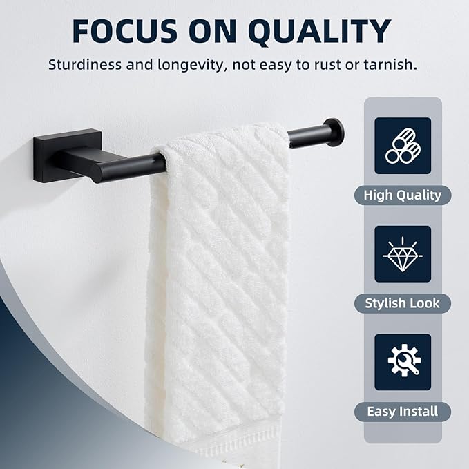 Suyar Hand Towel Holder Matte Black, SUS 304 Stainless Steel Hand Towel Rack for Bathroom Kitchen, Wall Mounted