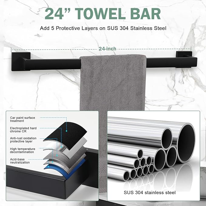 VELIMAX Premium Stainless Steel 4 Pieces Bathroom Hardware Accessories Set Wall Mounted Towel Bar Set, Matte Black, 24-Inch