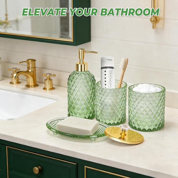 Jenseits Emerald Green Glass Bathroom Set 4 Piece - Luxury Diamond Textured Bathroom Accessories - Soap Dispenser, Vanity Tray, Toothbrush Holder, Apothecary Jar - Boho Style Home Decor