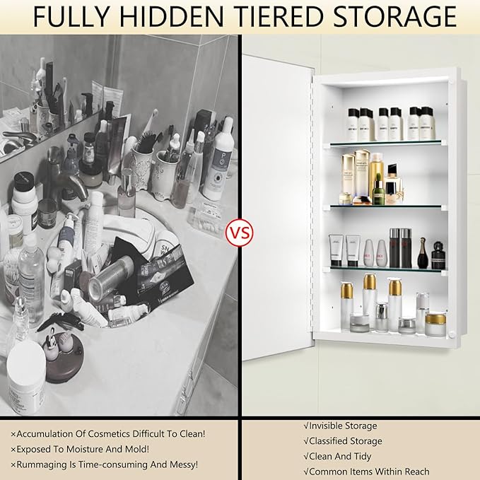 20"x30" Medicine Cabinet,HD Bathroom Mirror Cabinet with Beveled Mirror,Removeable Shelves, Recessed and Surface Mount,Frameless Bathroom Mirror with Storage