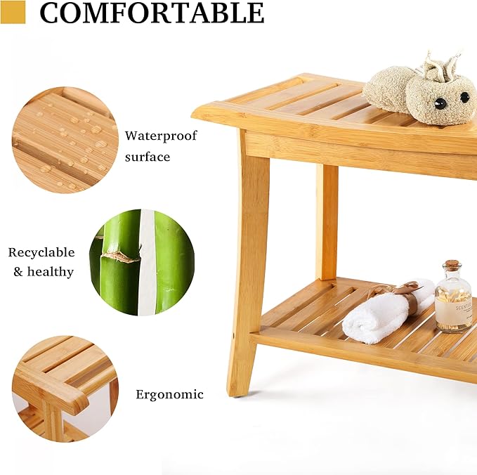Unibambou Bamboo Shower Bench with Storage Shelf, Spa Bath Chair for Bathroom, Seat or Organizer for Living Room, Bedroom and Garden - Great for All Ages Unisex Elderly (Large, Natural)