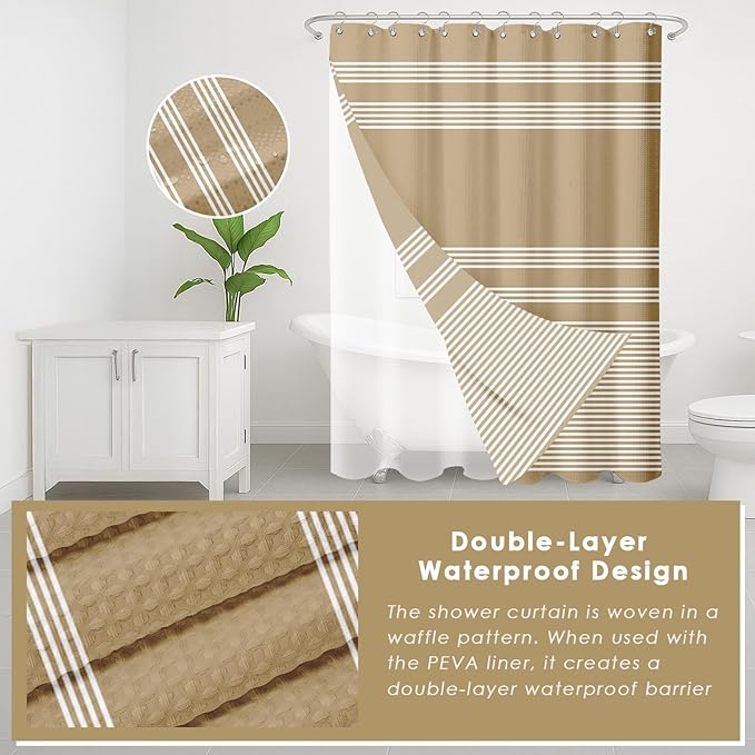 Britimes Beige Stripes Bathroom Sets with Shower Curtain and Rugs, Minimalist Modern Striped Waterproof Shower Curtain Liner and Soft Non Slip Bath Mat for Bathroom Decor and Accessories Hooks