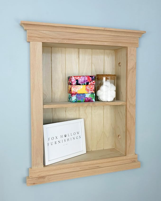 Fox Hollow Furnishings 14x18 Elliot Craftsman Recessed Wood Wall Niche, Open Medicine Cabinet Replacement, in Wall Bathroom Cabinet Insert Shelves, Made in North America, NO MDF, Beadboard, Unfinished