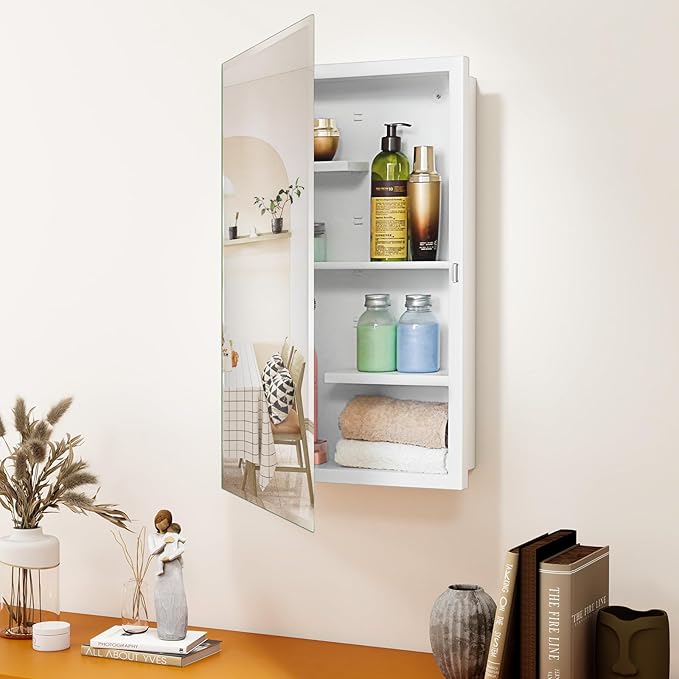 Fundin White Medicine Cabinet Recessed or Surface Mount, Bathroom Medicine Cabinet with 16 x 26 Beveled Mirror and Adjustable Staggered Shelves