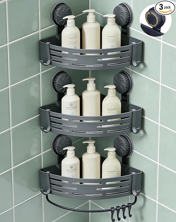 LOOCH 3 Pack Plastic Corner Shower Caddy with Twist-Lock Suction Cups & a Pre-Applied Adhesive Layer, The No-Drill Shower Organizer with Towel Bar & Drain Holes for Bathroom Storage & Decor（Grey）