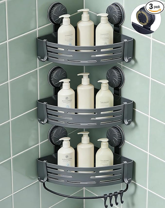 LOOCH 3 Pack Plastic Corner Shower Caddy with Twist-Lock Suction Cups & a Pre-Applied Adhesive Layer, The No-Drill Shower Organizer with Towel Bar & Drain Holes for Bathroom Storage & Decor（Grey）