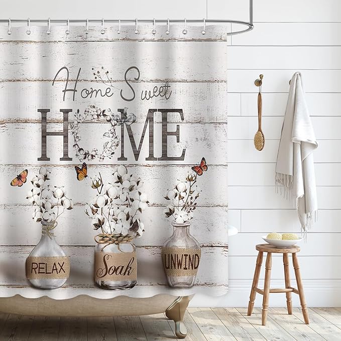 Farmhouse Shower Curtain Cotton Flowers Rustic Bathroom Decor with Waterproof Fabric, Country Style Home Sweet Home Shower Curtains for Vintage Bathroom, 72x72 Inch