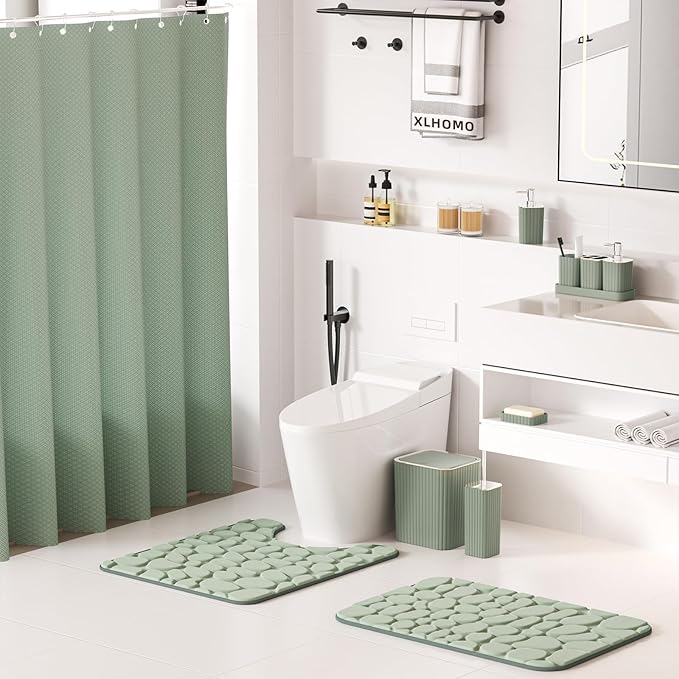 XLHOMO Bathroom Accessories Set - 25PC Sage Bathroom Set, Bathroom Set with Shower Curtain and Rugs, Sage Green Shower Curtain Set, Bathroom Accessory Set, Trash Can & Soap Dispenser