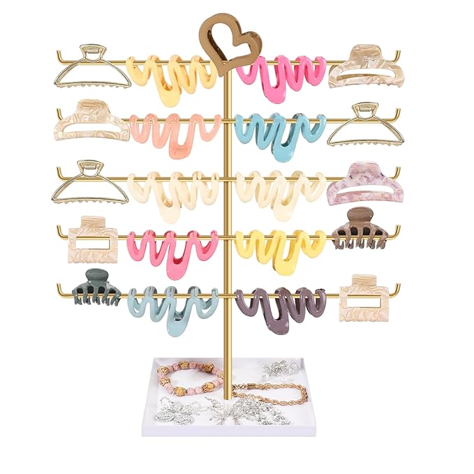 SNOWSTAR Hair Claw Clip Holder Organizer - 5 Tier Claw Clips Storage Display with Metal Tray, Hair Clip Holder Desktop Stand for Women Girls