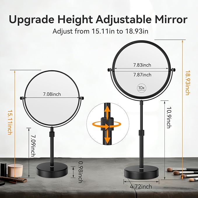 Nicesail 19 Inch Tall Makeup Mirror with 10X Magnification, 8 Inch Magnifying Mirror Tabletop with Pedestal, Height Adjustable Black (8 Inch, 10X)