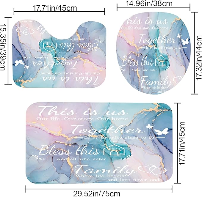 juwute 4Pcs Family Marble Shower Curtain Sets with Rugs,Pink Blue Home Inspirational Bathroom Decor Set, Bathroom Sets with Shower Curtain and Rugs, Waterproof Bathroom Shower Curtains, with 12 Hooks