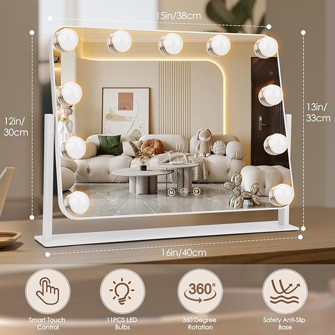 DenCert 360° Vanity Mirror with Lights 11 Led Bulbs Hollywood Lighted Makeup Mirror with 5X Magnification Mirror Hollywood Cosmetic Mirror Tabletop Makeup Mirror with 3 Lighting Modes 16x13 Inch