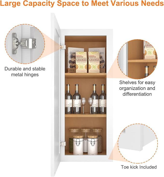 ROOMTEC Wood Wall Cabinet,RTA Single Door Medicine Cabinet with Adjustable Shelves and Soft-Close Door for Kitchen, Bathroom, and Laundry. 12" D*15" W*36" H, Traditional White