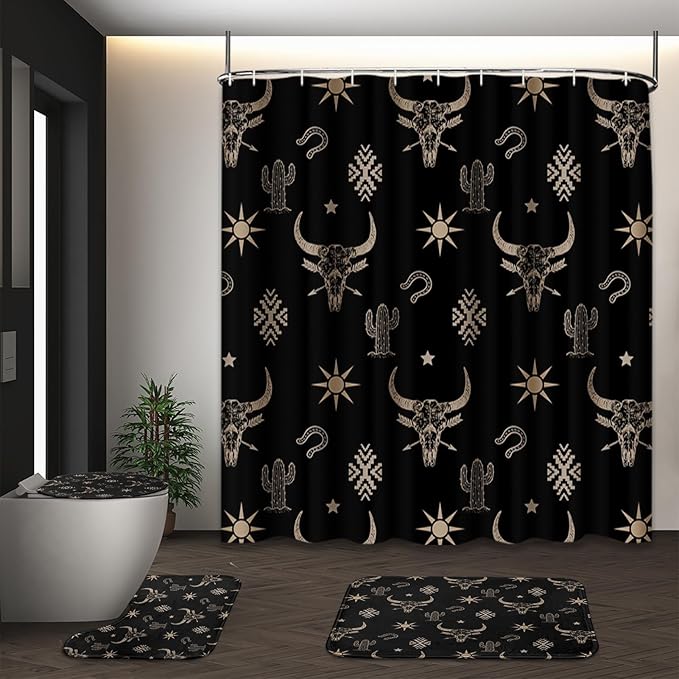 Western Cow Skull Shower Curtain Set with Toilet Lid Cover and Non-Slip Rugs, Black Gold Western 4 Pcs Shower Curtain with 12 Hooks, Cactus Farmhouse Bathroom Set with Rugs and Accessories