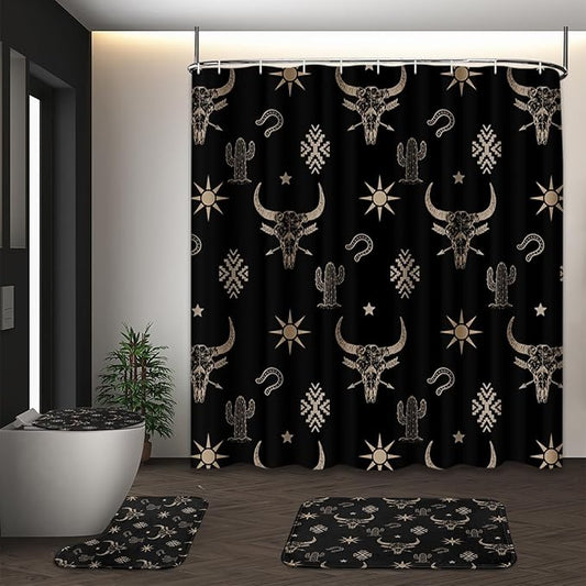 Western Cow Skull Shower Curtain Set with Toilet Lid Cover and Non-Slip Rugs, Black Gold Western 4 Pcs Shower Curtain with 12 Hooks, Cactus Farmhouse Bathroom Set with Rugs and Accessories