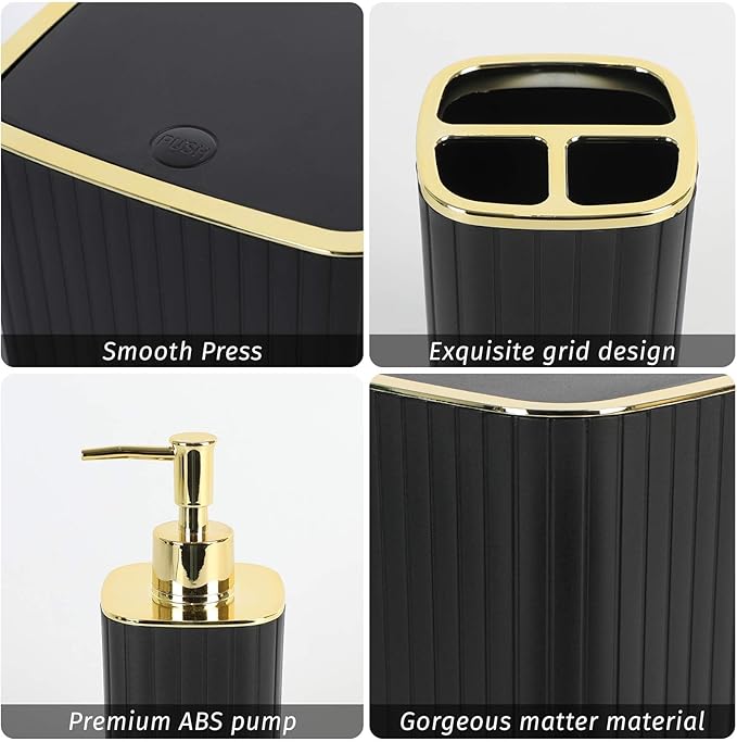 Bathroom Accessory Set with Blue Shower Curtain and Rugs 24Pcs, Black Bathroom Set - Trash Can, Soap Dispenser, Soap Dish, Toilet Brush, Toothbrush Holder, Toothbrush Cup, Toilet Lid Cover