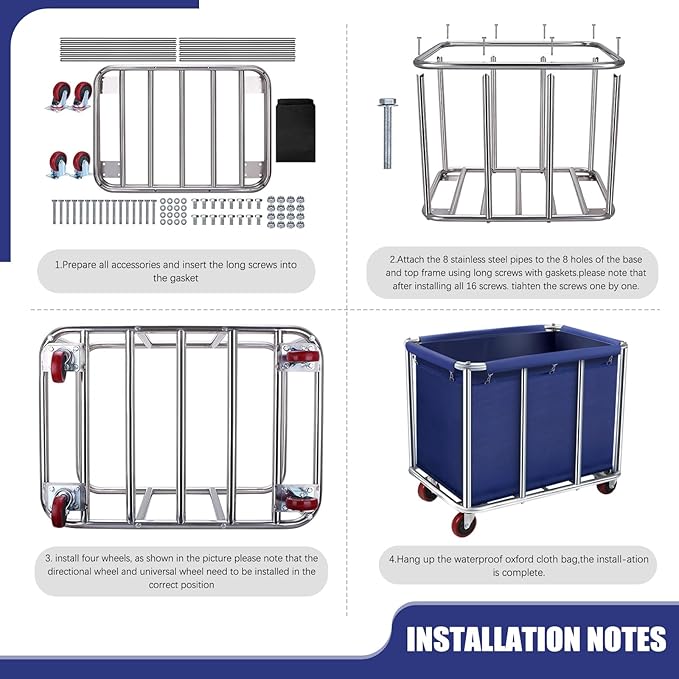 Commercial Laundry Cart with Wheels, 400L Large Rolling Laundry Cart with Steel Frame and Oxford Cloth, Heavy Duty Industrial Laundry Cart for Home,Hotel,Laundry Room, 441 lbs Load (Blue-8)