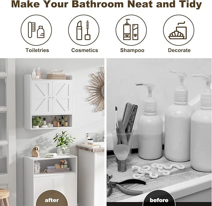EasyCom 22" W x 26" H Bathroom Wall Cabinet, Farmhouse Medicine Cabinet with Adjustable Shelves and 2 Barn Doors, Over The Toilet Storage Cabinet for Bathroom,Kitchen,Living Room,White