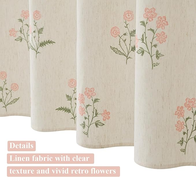 ORTIGIA Linen Shower Curtain Farmhouse Vintage Pink Green Floral Shower Curtains Boho Rustic Block Print Cottagecore Decor for Bathroom 72 W x 72 L