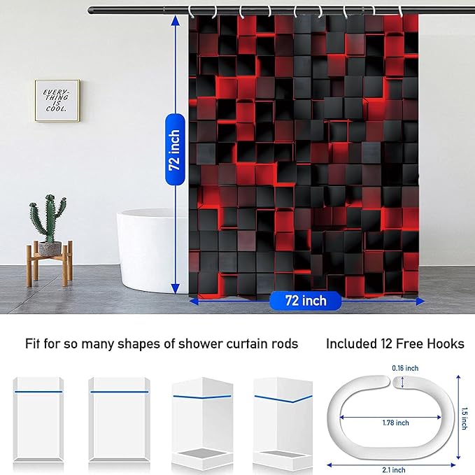 3D Cubes Shower Curtain，Red Black Shower Curtains for Bathroom，Modern Bathroom Shower Curtain，Washable Fabric Bath Curtain 72''x72''