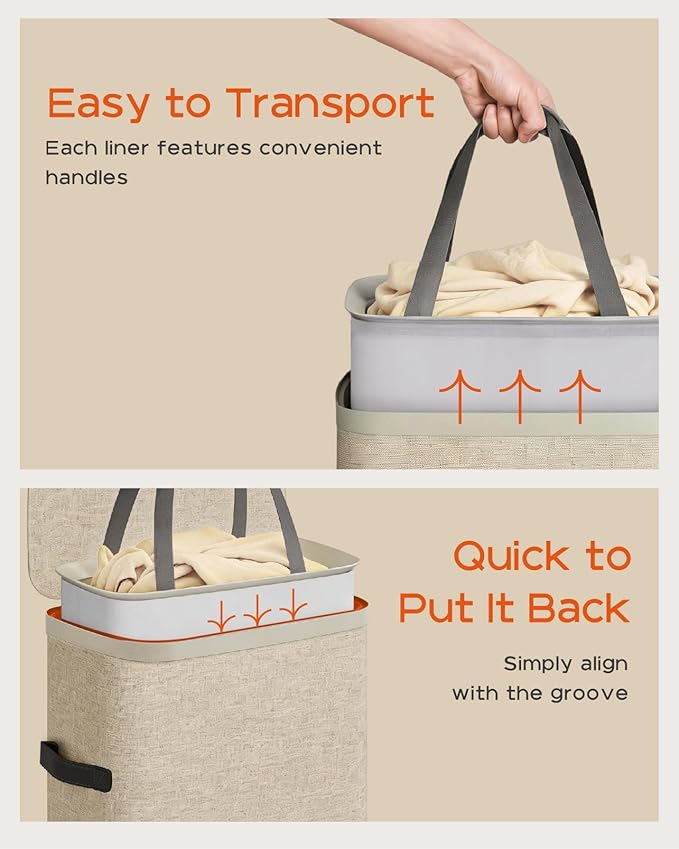 CASAMAYA Laundry Basket with Lid, Slim Laundry Hamper, 65L collapsible Laundry Organizer, Easy Assembly, with Handles and Removable Liners, 15.4 x 8.7 x 29.5 Inches, Beige JSP901M