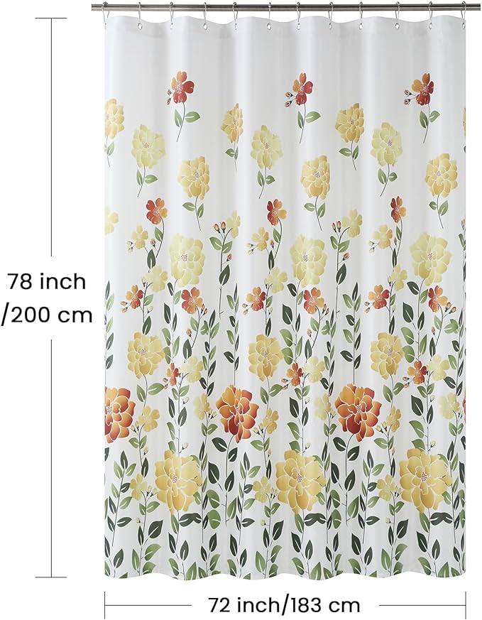Long Fabric Floral Shower Curtain, Yellow Orange Green Flower Shower Curtains for Bathroom, Waterproof Bathroom Curtains, 72" W x 78" H