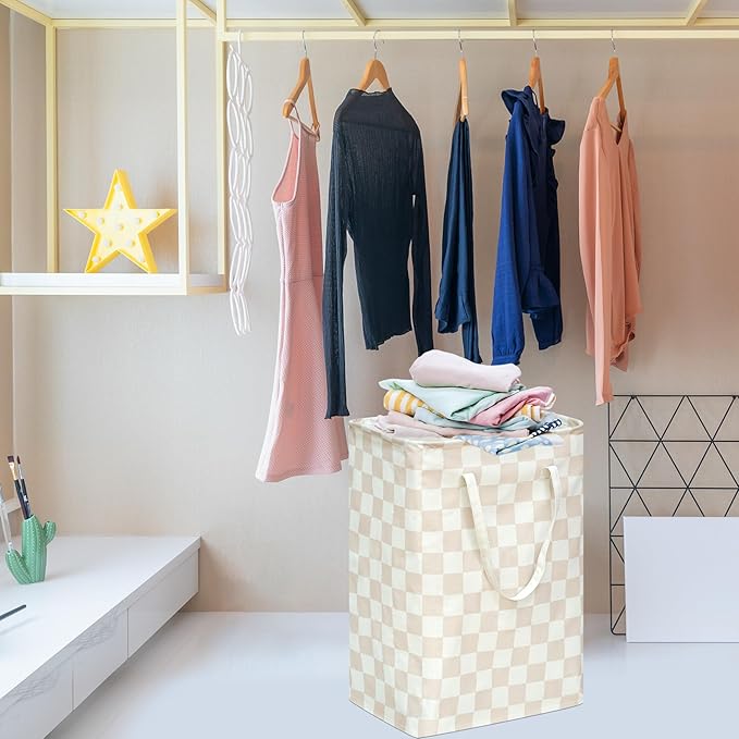 MAIZMZ Beige Checkered Laundry Basket Girls Hamper Storage Bins Organizer Toy Box Large Canvas Collapsible Chest for Home/Dorm/Kitchen/Pet/Office/Closet/Shelf/Gift Baskets