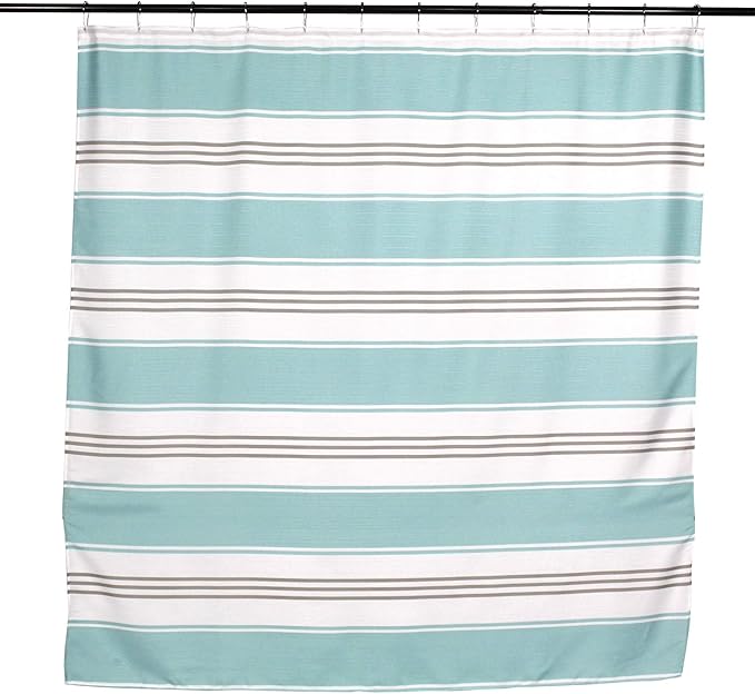 Serafina Home Nautical Striped Fabric Shower Curtain, Coastal Wide Stripe Design, Aqua Grey White, 70" x 72", with Hooks