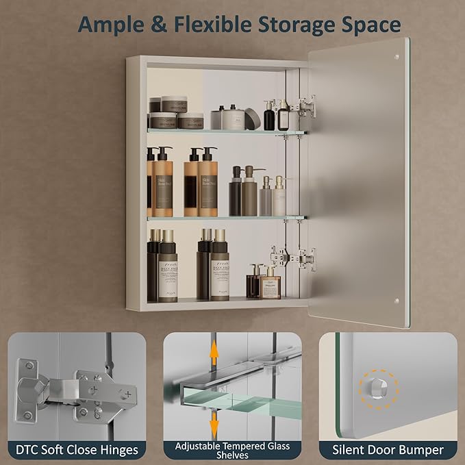 24x30 Inch Medicine Cabinet with Mirror, Recessed or Surface Mounted Bathroom Cabinets for Storage, 2 Fully Adjustable Tempered Glass Shelves, Soft-close DTC Hinges, HD Reflection Mirror Door, Silver