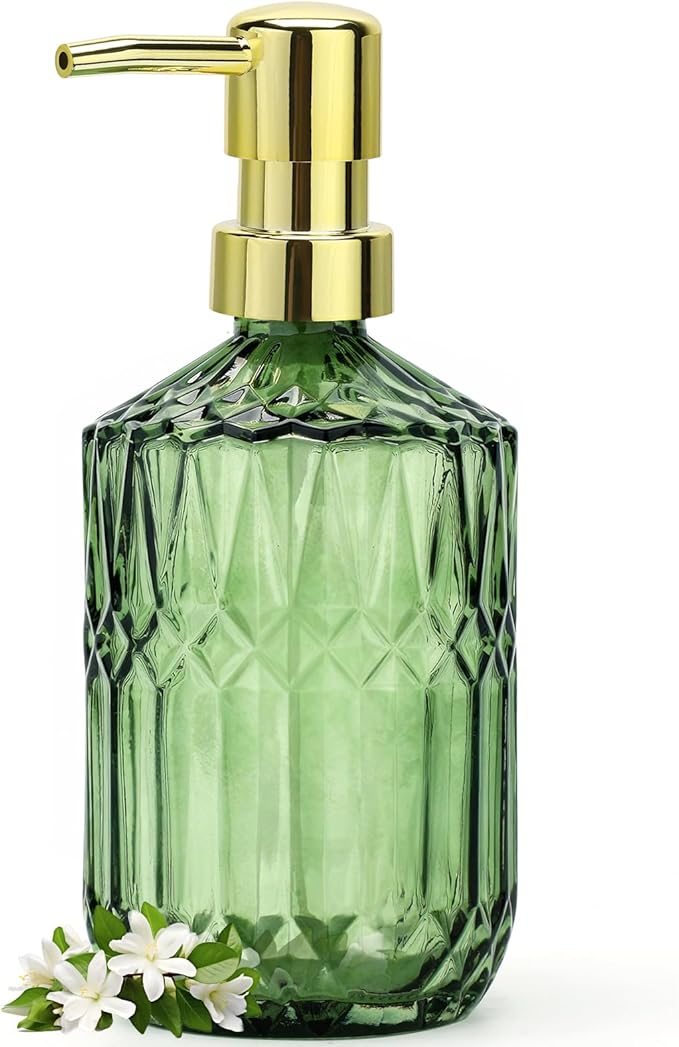 Green Glass Soap Dispenser (15.4 Oz, 1 Pack), Dish Soap Dispenser with Golden Rust Proof Pump for Kitchen Sink, Refillable Bathroom Hand Soap Lotion Dispenser