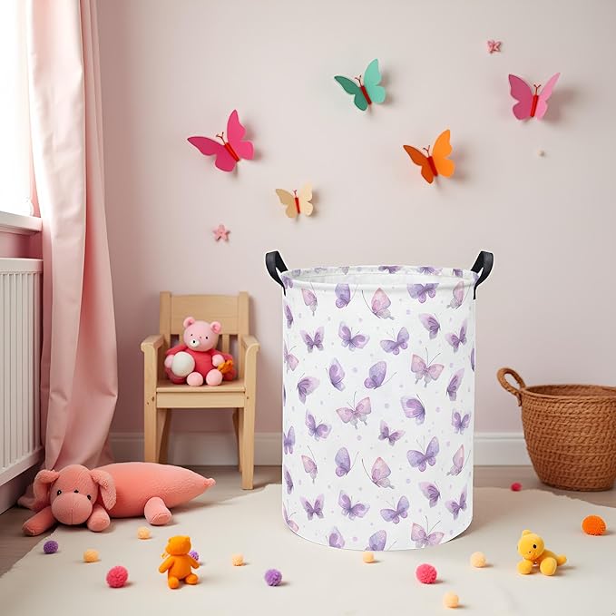 Baby Laundry Hamper kids laundry Basket Waterproof Storage Bin for Bedroom Toy Clothes Organizer Basket Woodland Animals Room D??cor(Purple Butterfly)