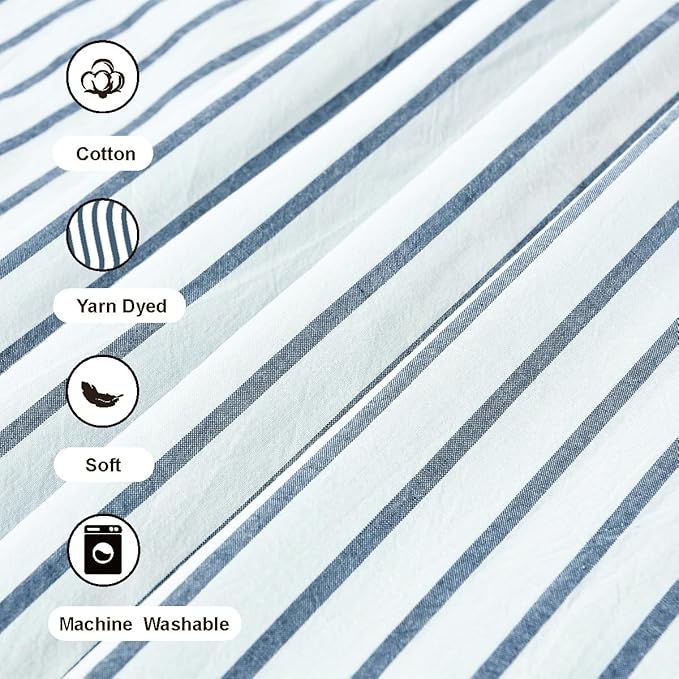 DOSLY Ides Farmhouse Shower Curtain, Beige and Blue Striped, Button Curtain, Spa Waffle and Cotton Woven Fabric, Rustic Charm Country Chic Style, 72x72 in, Bathroom