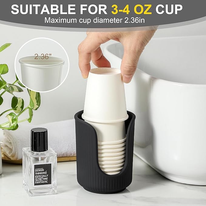 Dobbyby Ceramic Bathroom Cup Dispenser with Stylish Vertical Stripes - Disposable Mouthwash Cup Holder Holds 3-4oz Paper Cups for Rinsing Cups on Bathroom Vanity Countertops (Matte Black)
