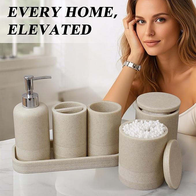 LIN CHUAN 6-Piece Bathroom Accessories Set, Bathroom Accessory Set with Soap Dispenser, Toothbrush Holder Set, Vanity Tray, Tumbler & 2 Cotton Swab Jars, Modern Stylish Bathroom Organizer(Beige)