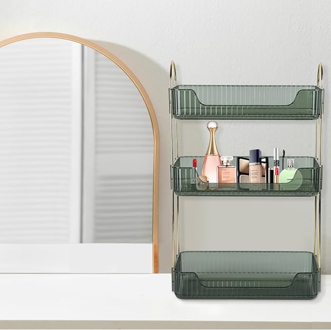 3-Tier Vintage Makeup Organizer Countertop for Vanity, Detachable Makeup Holder, Exquisite Ribbed Bathroom Counter Storage, Stackable Cosmetic Jewelry Perfume Skincare Green Shelf, Easy to Clean