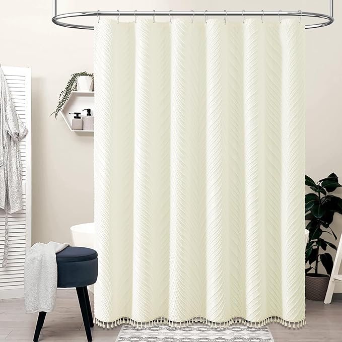 BTTN 80 Inch Long Shower Curtain - 72x80 Boho Farmhouse Tufted Leaves Textured Striped Fabric Shower Curtain Set with Plastic Hooks, Tall Rustic Country Cloth Shower Curtains for Bathroom, Cream/Beige