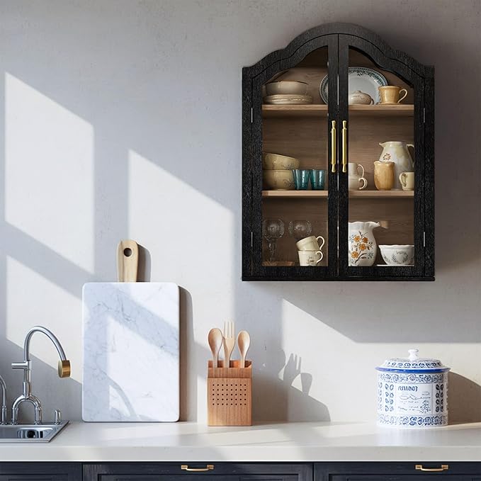 Furnaza Black Arched Wall Mounted Cabinet, Display Medicine Cabinets with Tempered Glass Doors and Adjustable Shelf for Bathroom,Kitchen,Living Room