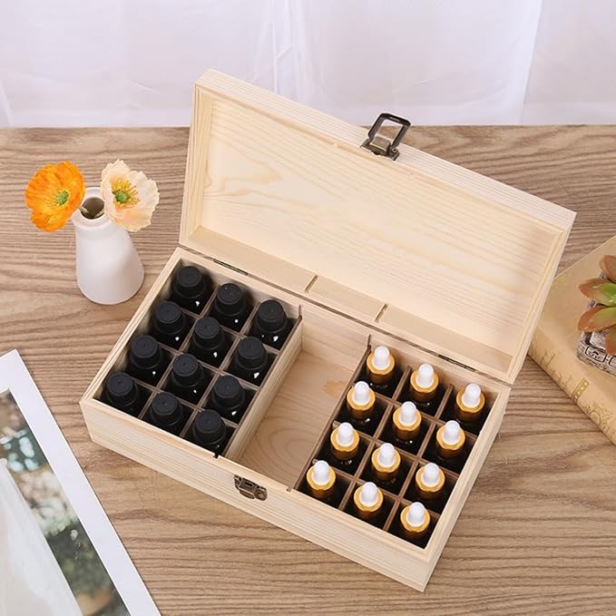 Wooden Essential Oil Box Essential Oil Display Stand Detachable Display Organizer Stand Holder Nail Polish Fragrance Container Wooden Storage Box Holds 25 Bottles Size 5-20mL