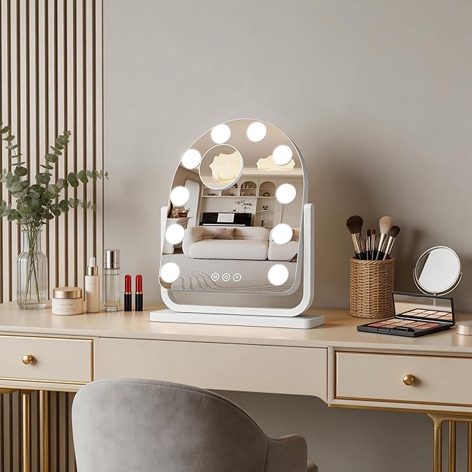 Rechargeable Arched Vanity Mirror with Lights, 14"×12" Hollywood Makeup Mirror with 10 Bulbs, 3000mAH Battery, 3-Color Lighting, Dimmable, 10x Magnification, Desk Mirror, Dorm Room Essentials (White)