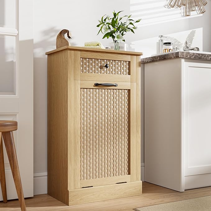 Tilt Out Laundry Hamper Cabinet, Rattan-Style Laundry Room Organization with Removable Laundry Basket, Hidden Wood Dirty Clothes Hamper with Drawer, 21.6" L x 13" W x 35.8" H, Wood