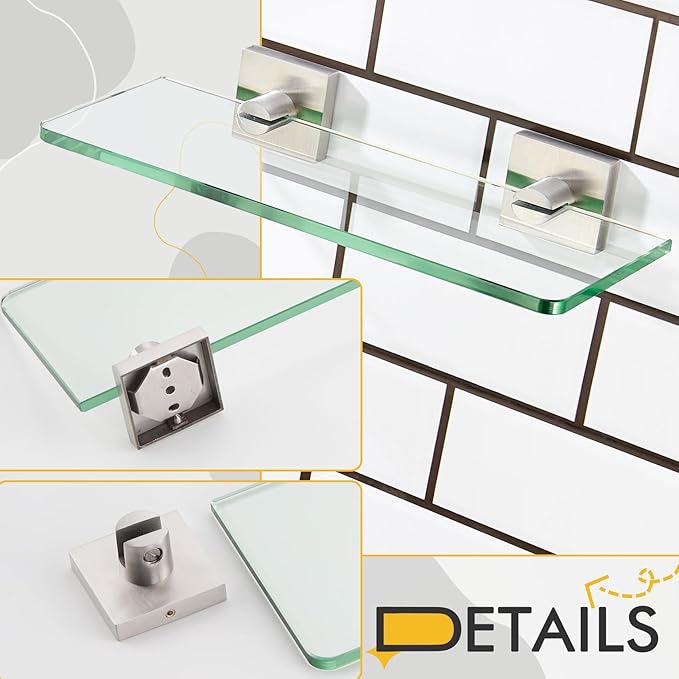 KOKOSIRI Floating Glass Shelf Bathroom Wall Mount Shelves 12-Inch Kitchen Rack for Shower Storage Home Decor, Brushed Stainless Steel B1107BR-L12