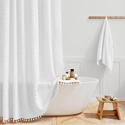 BTTN 60x72 Shower Curtain - 60 Inch Wide Boho Tufted Leaves Textured Striped Tassel Shower Curtain Set with 10 Plastic Hook, Modern Farmhouse Shabby Chic Minimalist Shower Curtains for bathroom, White