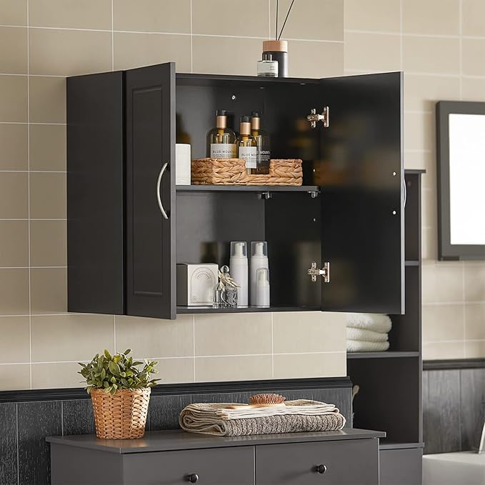 Haotian Black Wall Cabinet Laundry Room, Floating Storage Cabinet with Adjustable Shelf, Medicine Cabinet for Bathroom Kitchen Garage Hallway Entryway, FRG231-SCH