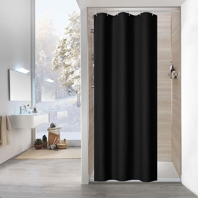 MitoVilla Black Waffle Small Stall Shower Curtain 36 x 72, Half Size Shower Curtain, Farmhouse Fabric Narrow Shower Curtains for Bathroom Decor, 36 inch Weighted Shower Curtain Set