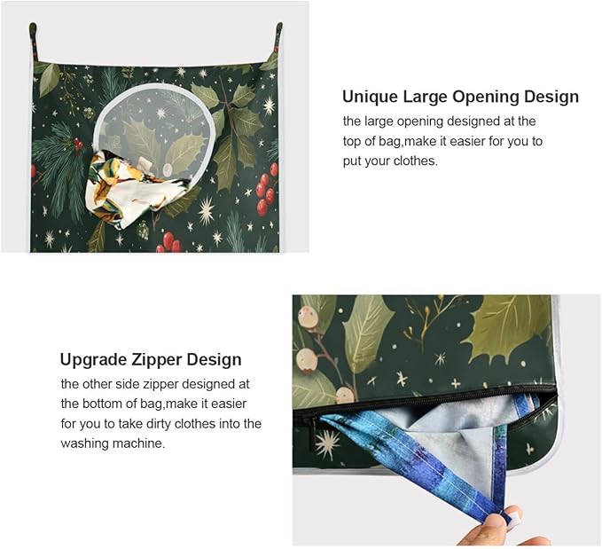 Green Christmas Holly Berries Pine Needles Leaves Hanging Laundry Hamper Door Hampers Bag Basket with Stainless Steel Hooks Oxford Fabric Printing Decorative Clothes Bags 29.5X20inch 1Pack