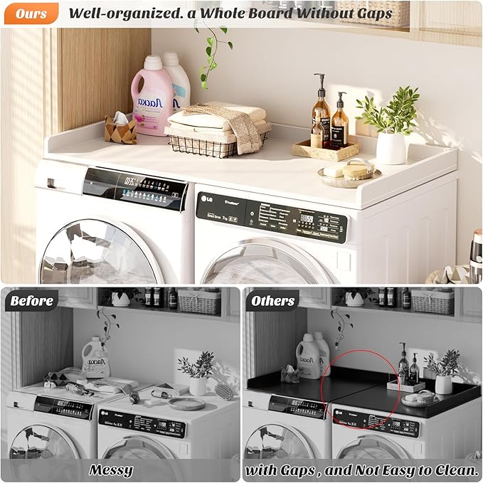 Aheaplus Washer and Dryer Countertop, Laundry Room Organization with Non-Slip Pads, Wood Shelf Topper with Round Corner Edge Rails, Folding Organizer for Laundry, 54" W x 27.5" D, White