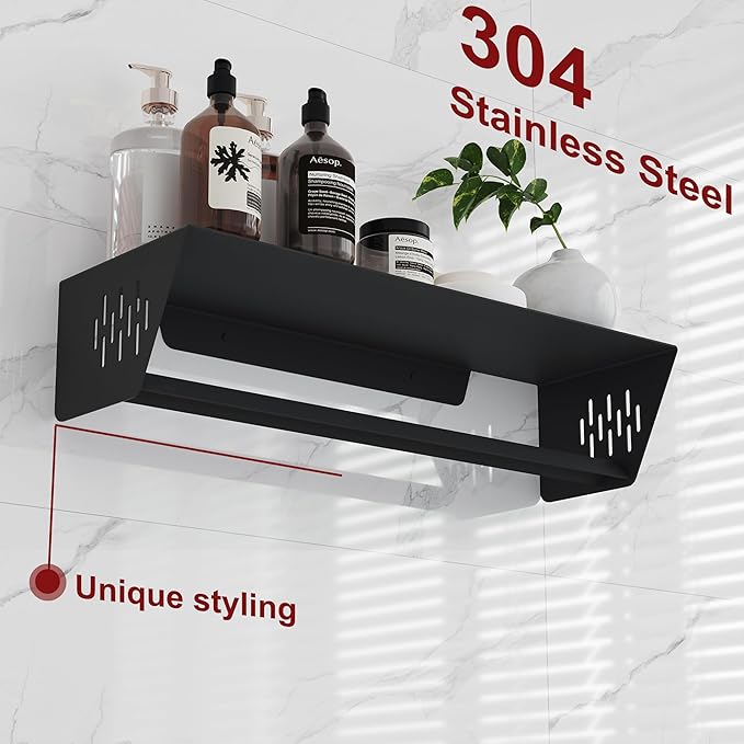 Qeke Bathroom Lavatory Towel Rack, Wall Mount Towel Holder Towel Hanger Shelf with Towel Bar, SUS 304 Stainless Steel Towel Rack for Bathroom and Lavatory, Matte Black, 18 Inch